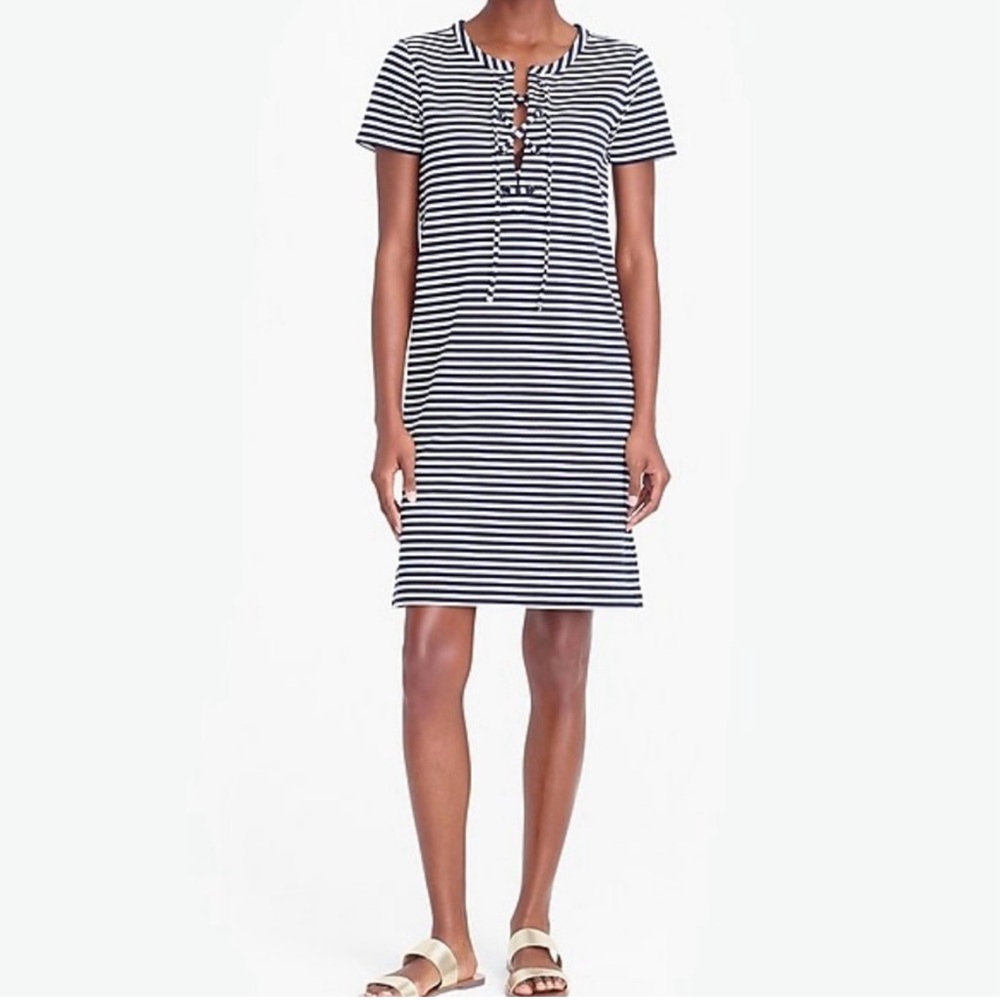 J. CREW Navy & White Stripe Summer Lace-Up Knit Shift Dress | Size Medium